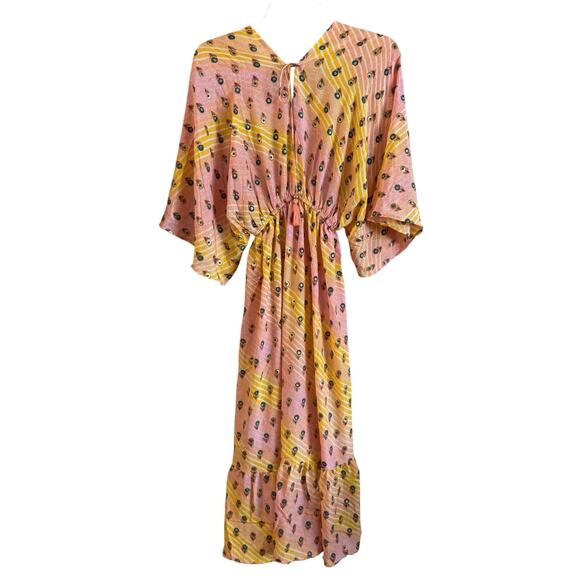 Zury Women’s Silk Blend Midi Dress Smocked Short Sleeve One Size Floral Yellow - Picture 2 of 6